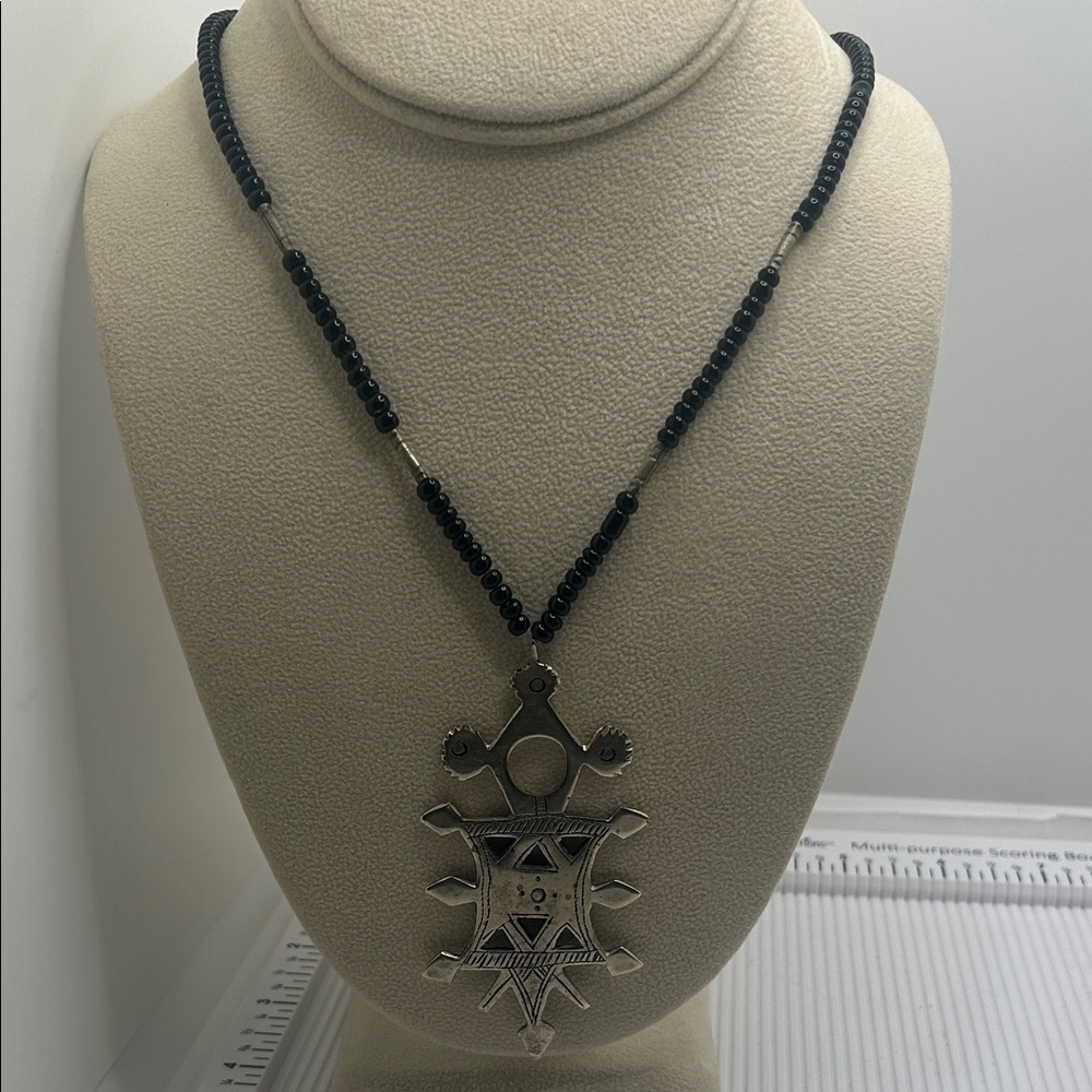 Black Beaded Necklace with Silver Tribal Pendant